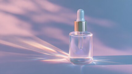 Clear Cosmetic Dropper Bottle with Serum on Ethereal Pastel Purple Background Featuring Prismatic Light Rays and Reflections
