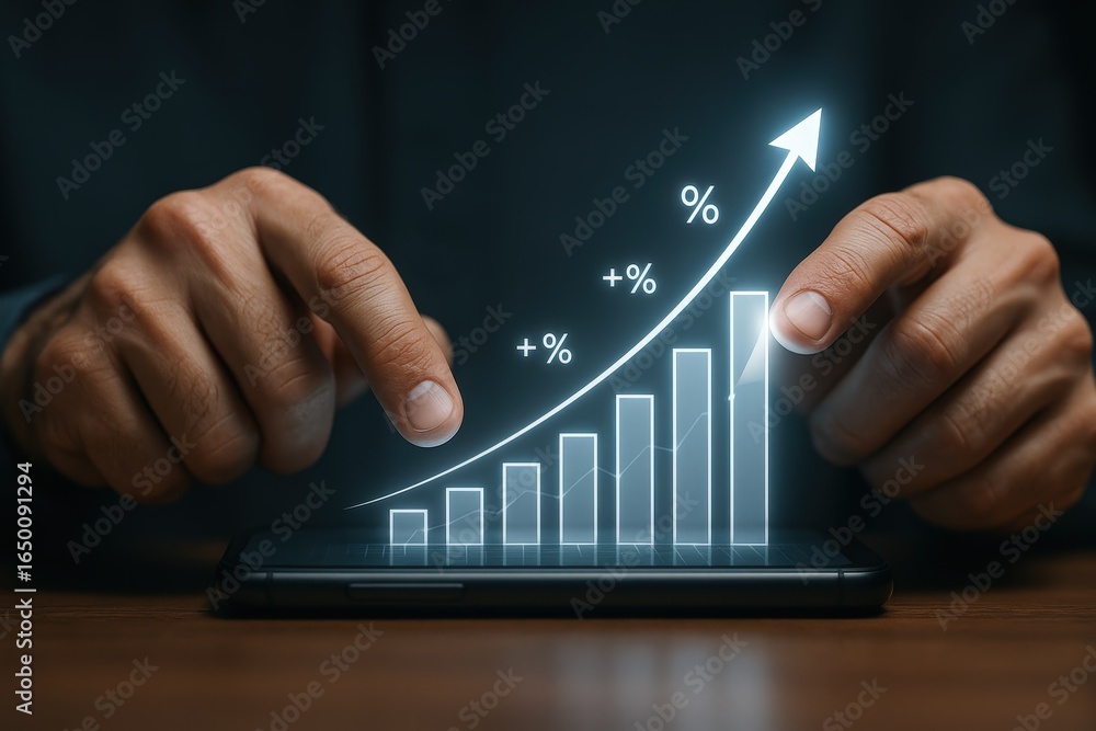 Poster Hands interacting with a projected growth chart on a mobile device.