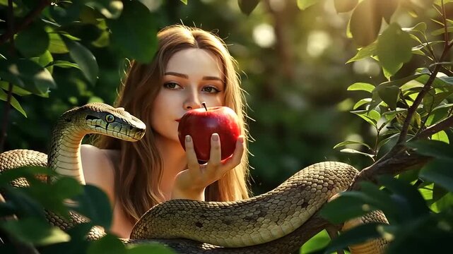 A woman holding a red apple in a lush green forest, with a snake coiled around her arm, symbolizing temptation