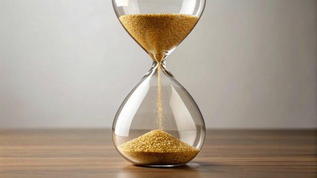 A glass hourglass filled with sand, emphasizing the passage of time against a neutral background.