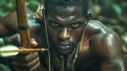 A skilled indigenous hunter crouching low in a dens 