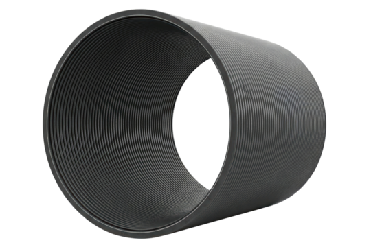 Large diameter black corrugated plastic pipe for drainage systems isolated on a transparent background