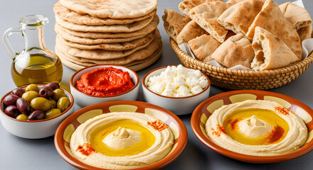 Vibrant Mediterranean & Middle Eastern Mezze Platter with Creamy Hummus, Fresh Pita Bread, Assorted Olives, Rich Dips, and Olive Oil. A delicious, authentic, and healthy feast for sharing.