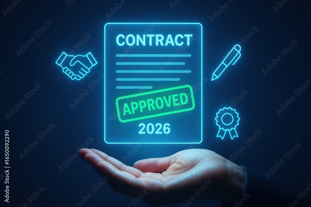 Poster digital contract with approval stamp displayed in hand.