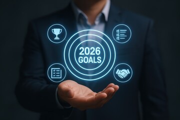 Person holding a holographic projection of 2026 goals.