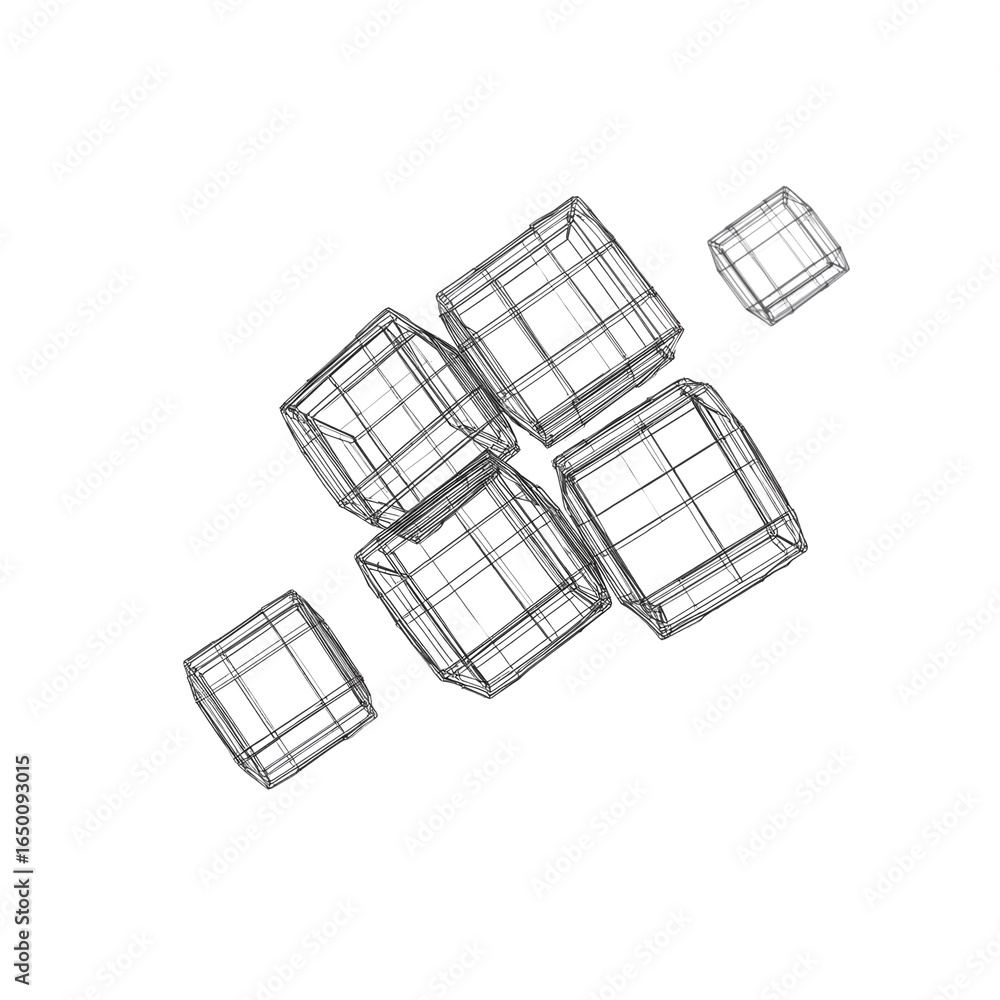 Poster abstract geometric wireframe cubes on a black background, creating a modern and minimalist design