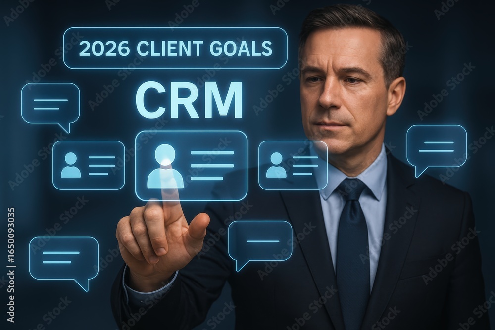 Poster businessman interacts with glowing interface displaying customer relationship management.