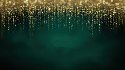 Glittering Gold Threads: A captivating display of shimmering gold particles cascades gracefully against a serene emerald green backdrop, evokes a sense of elegance and celebration.