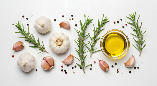 Alho, alecrim e azeite dispostos