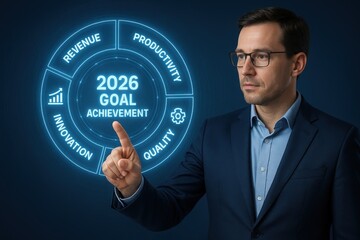 A hand points to a 2026 goal achievement diagram.