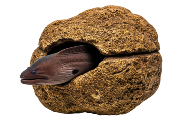 Brown moray eel peeking out from a textured hollow rock isolated on a transparent background
