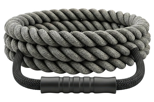 Coiled gray heavy battle rope with grips for gym workouts isolated on a transparent background