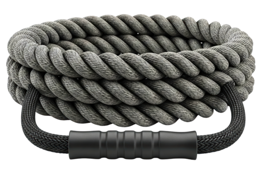 Coiled gray heavy battle rope with grips for gym workouts isolated on a transparent background