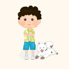 Boy and His Dog: A cheerful boy with a floral shirt stands next to his happy, spotted white dog.