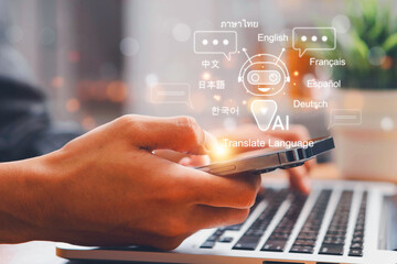 Artificial intelligence technology enabling automatic language translation. Global language translation and international connections powered by AI applications and smart systems.