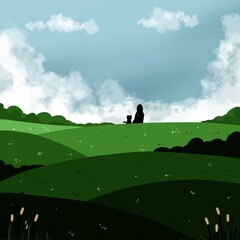 A silhouette of a person and a cat sit together on a rolling green hill under a cloudy sky.