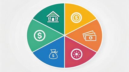 Colorful circular diagram representing financial concepts with various icons related to money, savings, and investments.