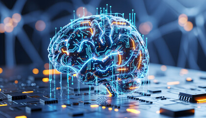 Futuristic 3D glowing brain with integrated circuits on electronic board symbolizing artificial intelligence and advanced computing
