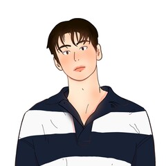 Casual Look: A young man in a striped polo shirt glances to the side.