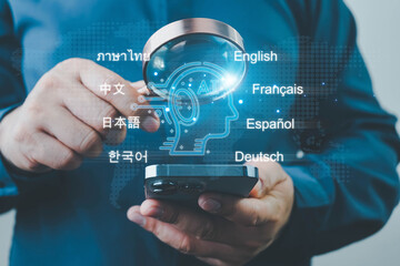 Artificial intelligence technology enabling automatic language translation. Global language translation and international connections powered by AI applications and smart systems.
