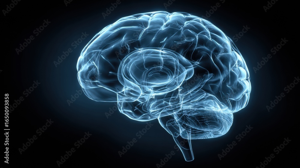 Poster visual representation of a human brain glowing against a dark background illustrating neurological a