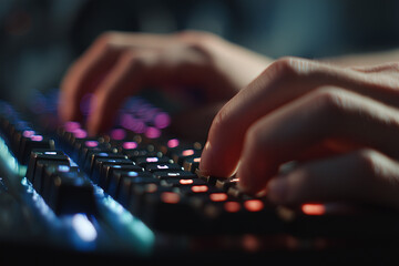 Fototapeta premium Close-up manos tipeando código en teclado mecánico, reflejos RGB sutiles, look tech limpio