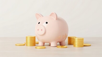 A pink piggy bank surrounded by gold coins, symbolizing savings and financial management.