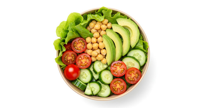 Prato de salada vegana com ingredientes frescos vistos de cima