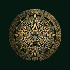 Obraz premium Intricate golden sun-like medallion with elaborate glyphs on a dark, textured background