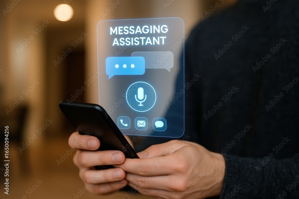 Poster Close-up of a smartphone displaying a messaging assistant interface.