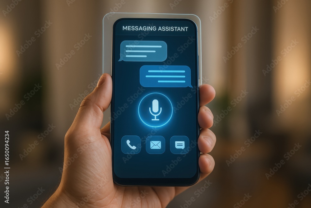 Poster smartphone displaying messaging assistant interface.