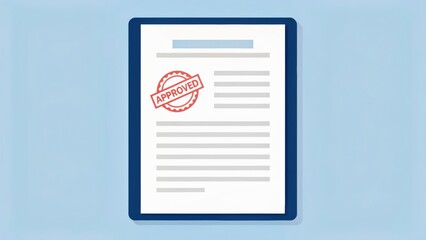 Document with an "Approved" stamp, featuring lines for text on a blue background, symbolizing success and validation.