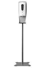 Automatic hand sanitizer dispenser on a freestanding metal stand isolated on a transparent background