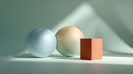 Modern Minimalist 3D Render: Pastel Geometric Shapes (Spheres, Cube) on Green Background with Dynamic Light and Shadow Play