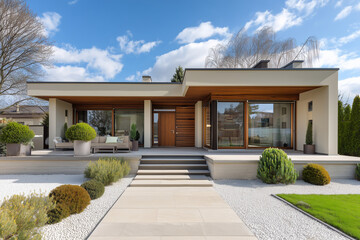 Modern Single-Story House with Flat Roof, Wooden Deck, and Minimalist Landscaping
