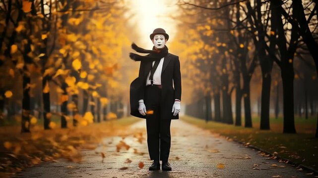 Elegant Mime Artist Stands Motionless in a Golden Autumn Park as Leaves Swirl in the Wind.