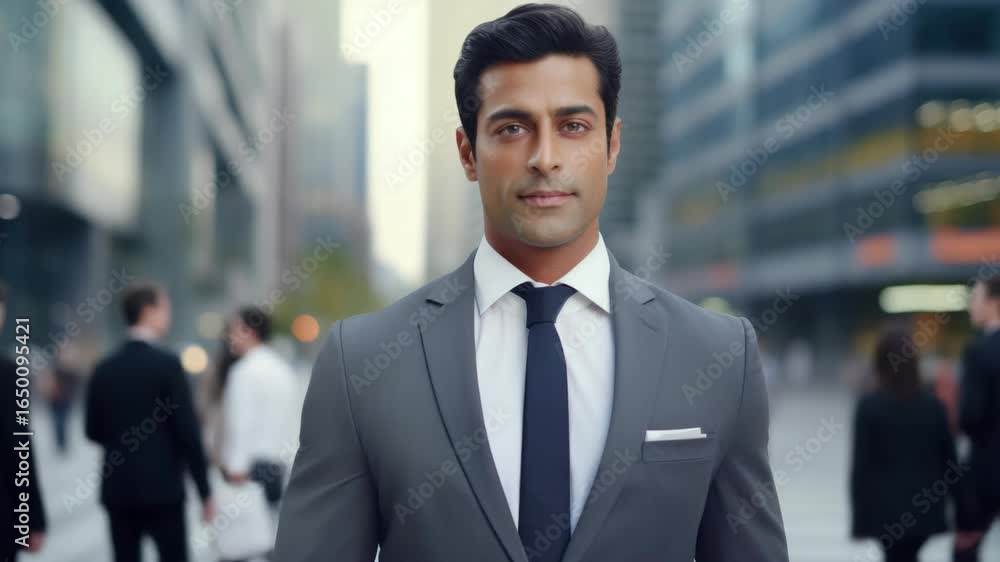 Poster man dressed in business attire standing in urban setting with blurred background.