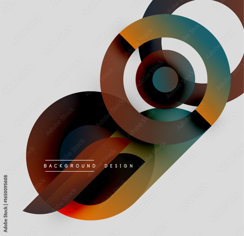 Poster abstract circles overlap, creating dynamic visual effect. warm, cool tones blend, forming modern des