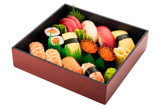 Assortment of fresh sushi and sashimi in a traditional bento box isolated on a transparent background