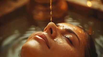 A serene woman receiving an Ayurvedic head massage