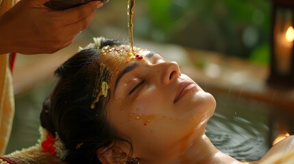 A serene woman receiving an Ayurvedic head massage