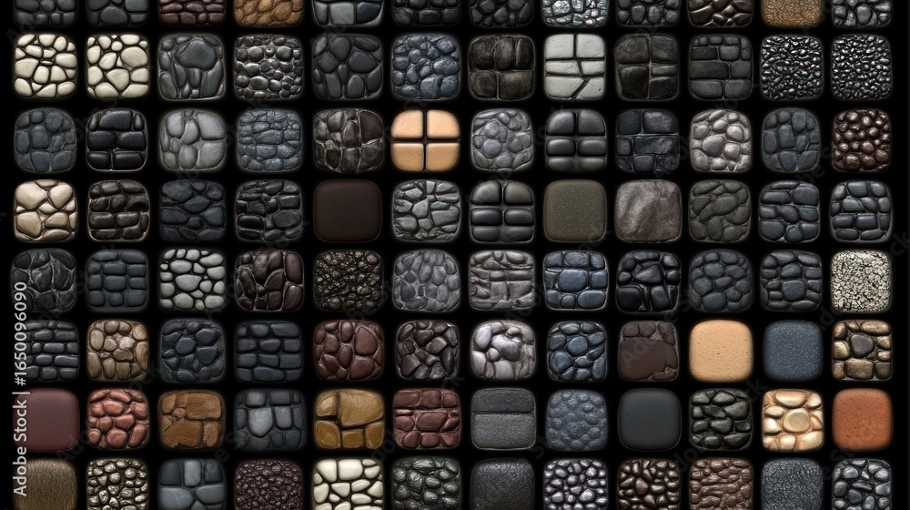 Poster diverse textured stone tiles arranged in symmetrical grid displaying a variety of colors and