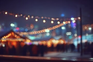 Capture festive atmosphere winter night. Blurred depicts beautiful bokeh effect, featuring strings twinkling lights over bustling Christmas market. Vibrant colors soft focus create sense warmth