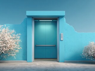 Teal elevator against a textured teal wall with white blossoms