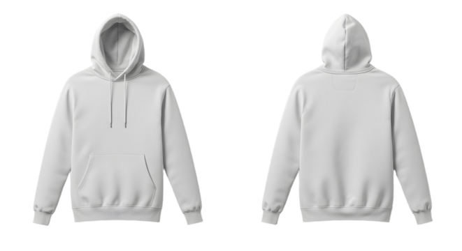 Front and Back View of a Light Gray Pullover Hoodie with Drawstrings and Kangaroo Pocket.