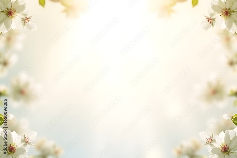 Poster softly focused delicate white floral border frames a bright luminous empty space perfect for text or