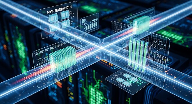 High bandwidth data flow with digital components and binary code representation of high-tech - Powered by Adobe