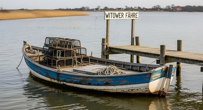 Idyllic scene featuring weathered fishing boat alongside Witower F?hre pier and calm waters