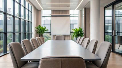 Modern conference room featuring a large table, comfortable chairs, and ample natural light from large windows.