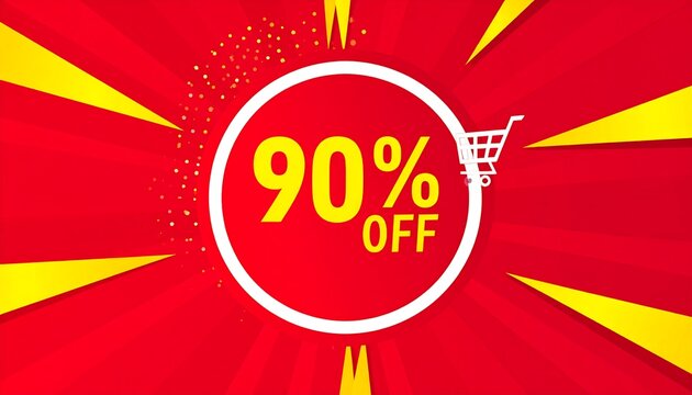 Ninety percent off sale graphic with shopping cart.
